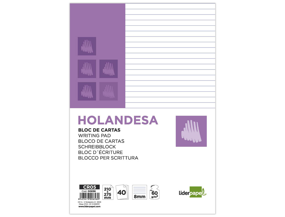 BLOC DE CARTAS LIDERPAPEL RAYADO HORIZONTAL HOLANDESA 40 HOJAS 60G/M2